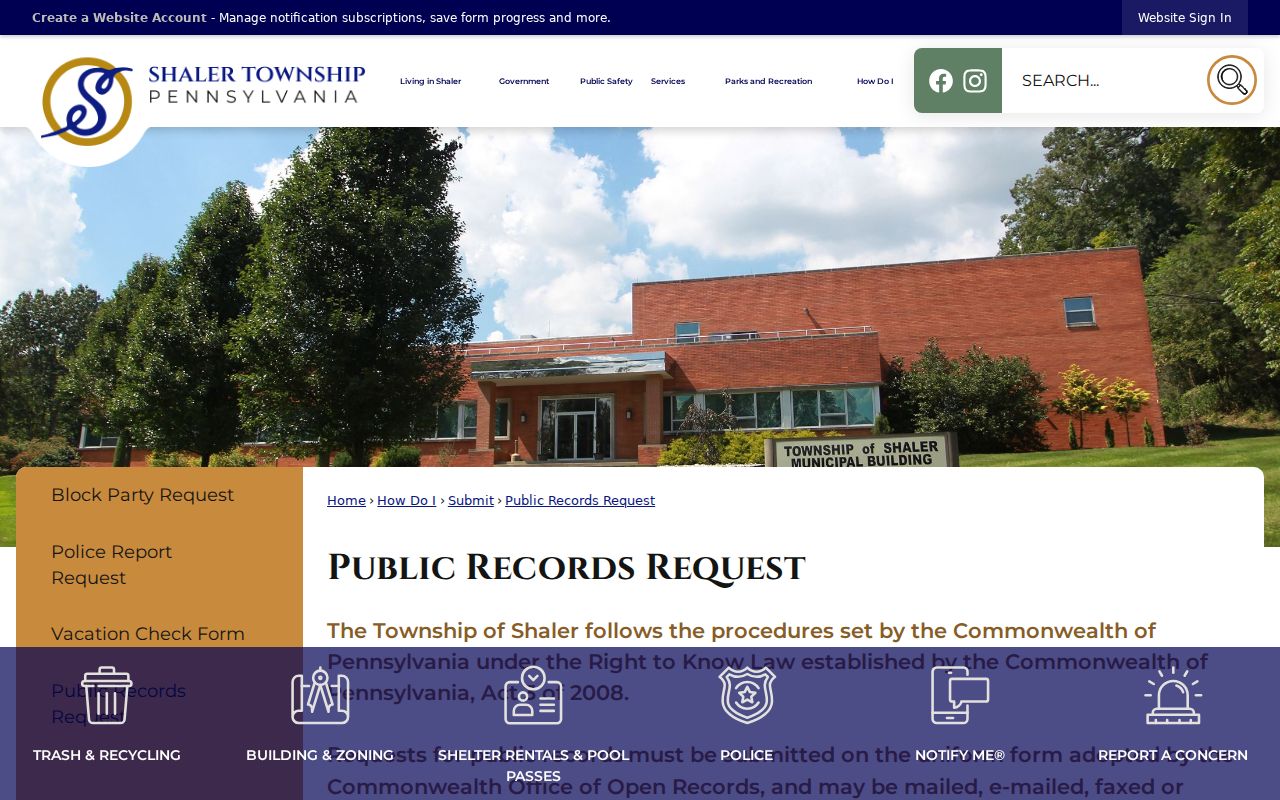 Shaler Township residents directory public records request
